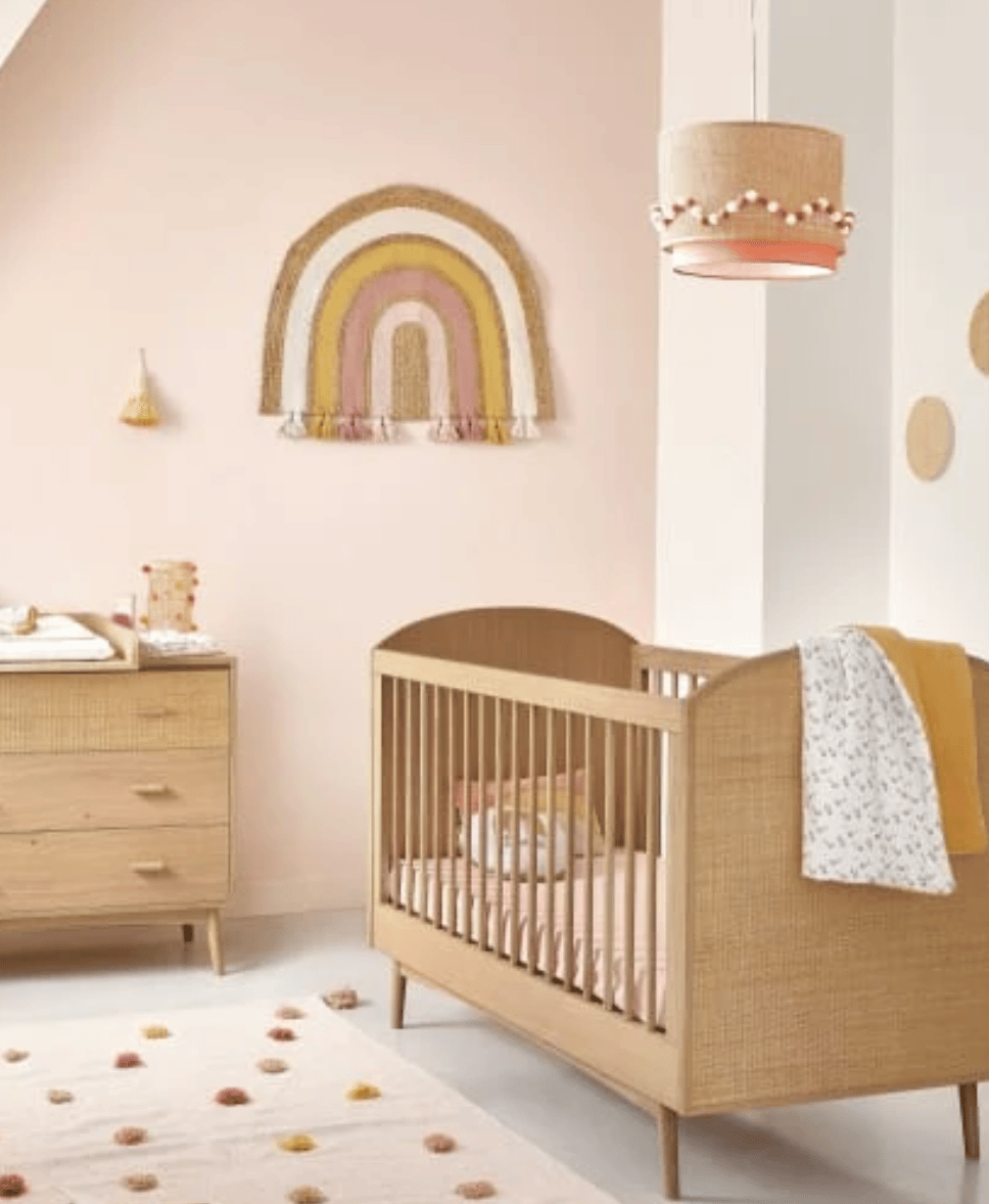 Suspension rose cannage en rotin beige avec pompons (Maisons du Monde) - Image 1