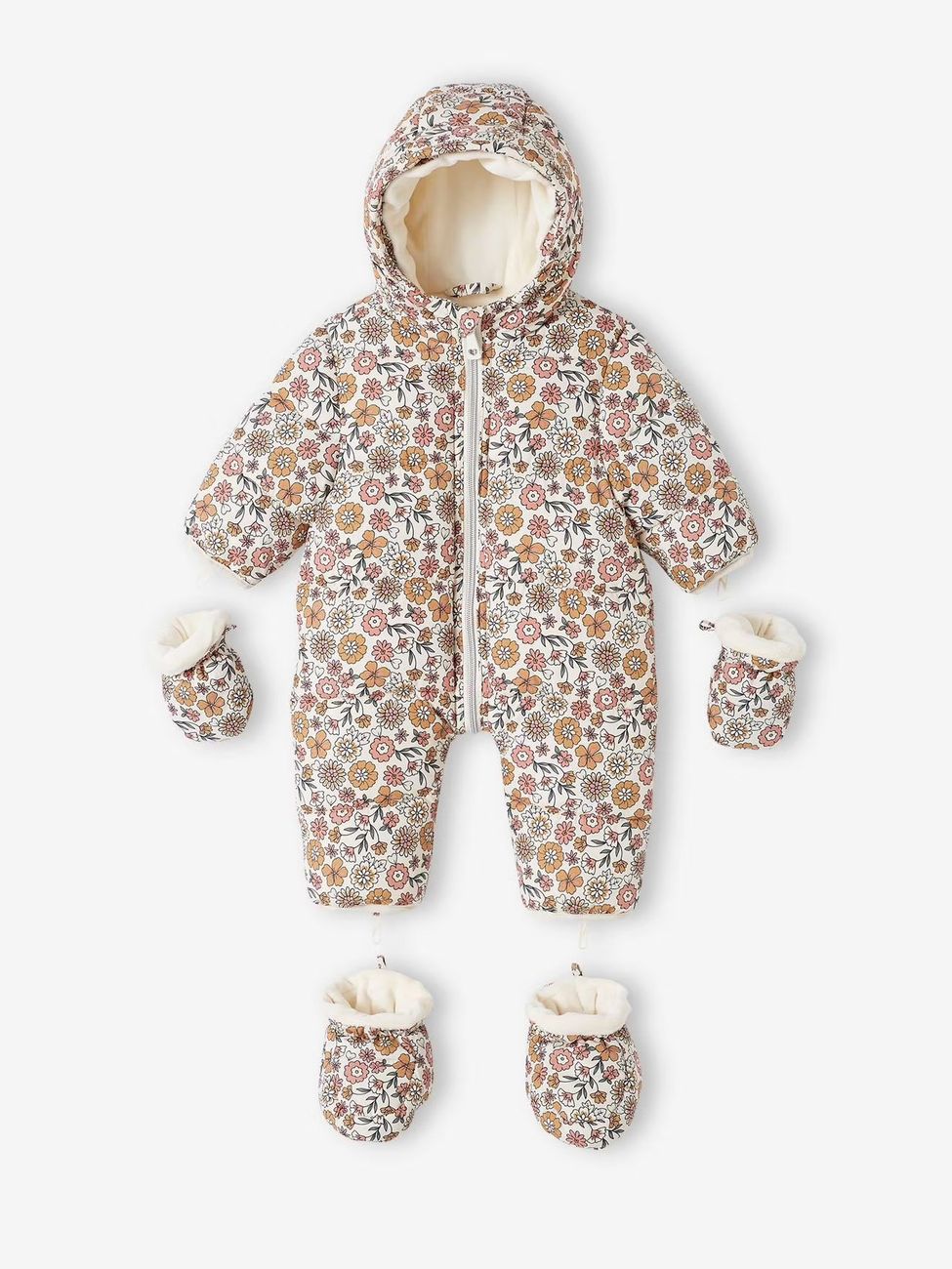 Combipilote bébé fille fleurie doublée polaire beige clair imprime (Vertbaudet) - Couverture