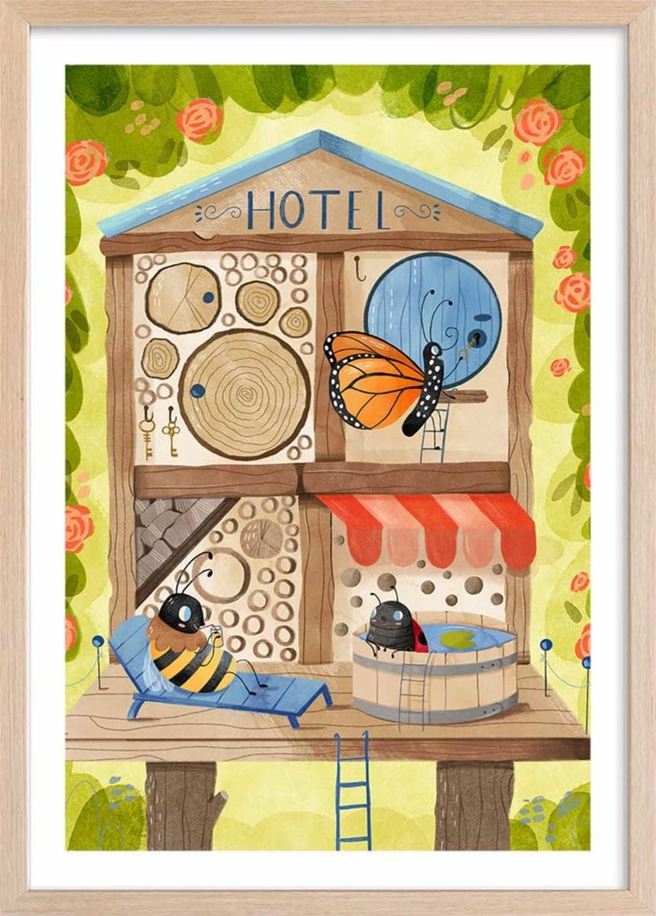 Affiche enfant hôtel pour insectes avec cadre bois 40x60 cm (Hexoa) - Couverture