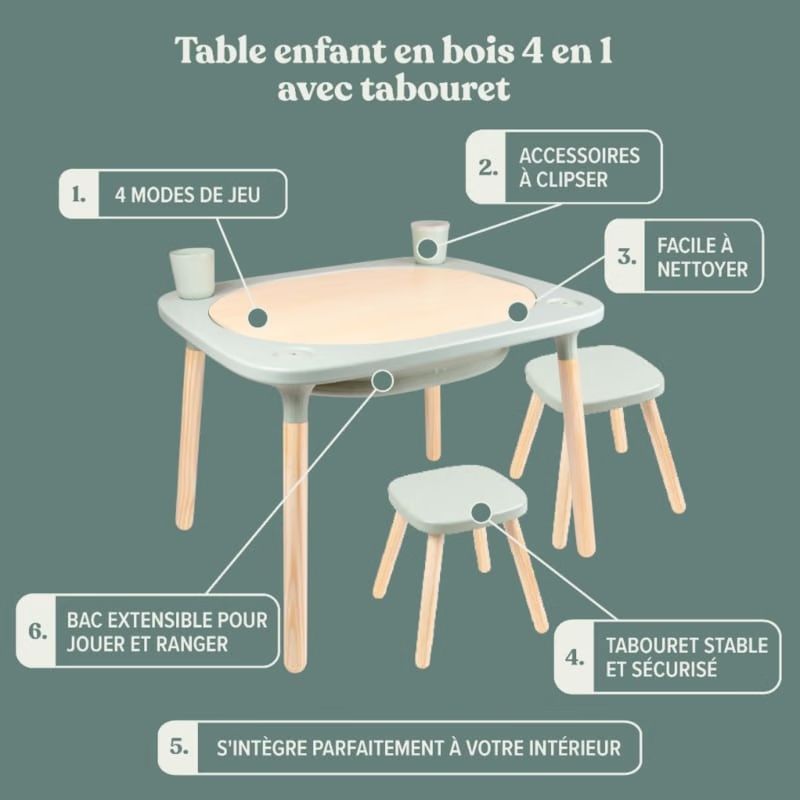 Table de jeux 4 en 1 montessori avec deux tabourets en bois fsc® (Active Tots) - Image 2