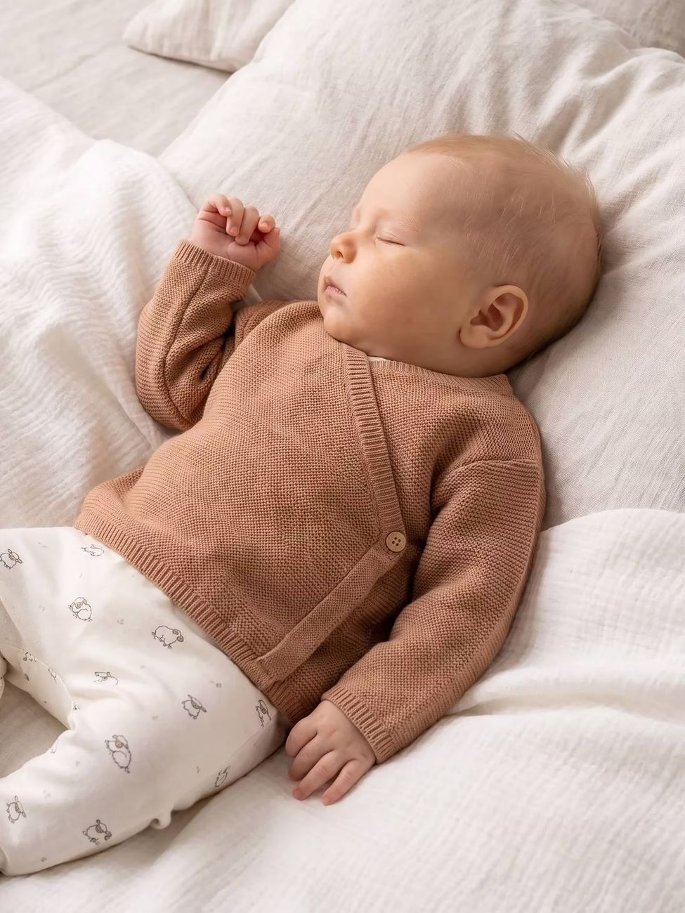 Brassière bébé naissance tricot point mousse coton et laine cappuccino (Vertbaudet) - Couverture