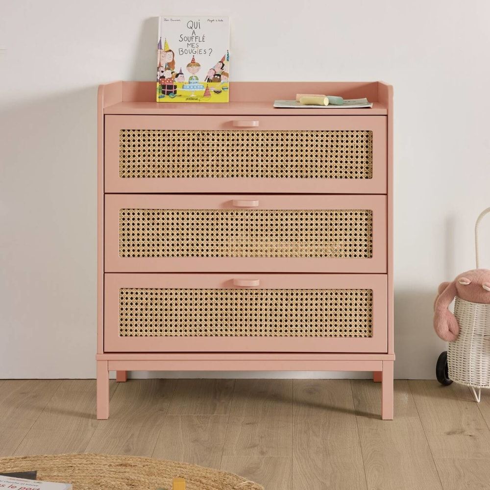 Commode 3 tiroirs effet bois et cannage terracotta (CAMIF) - Image 1
