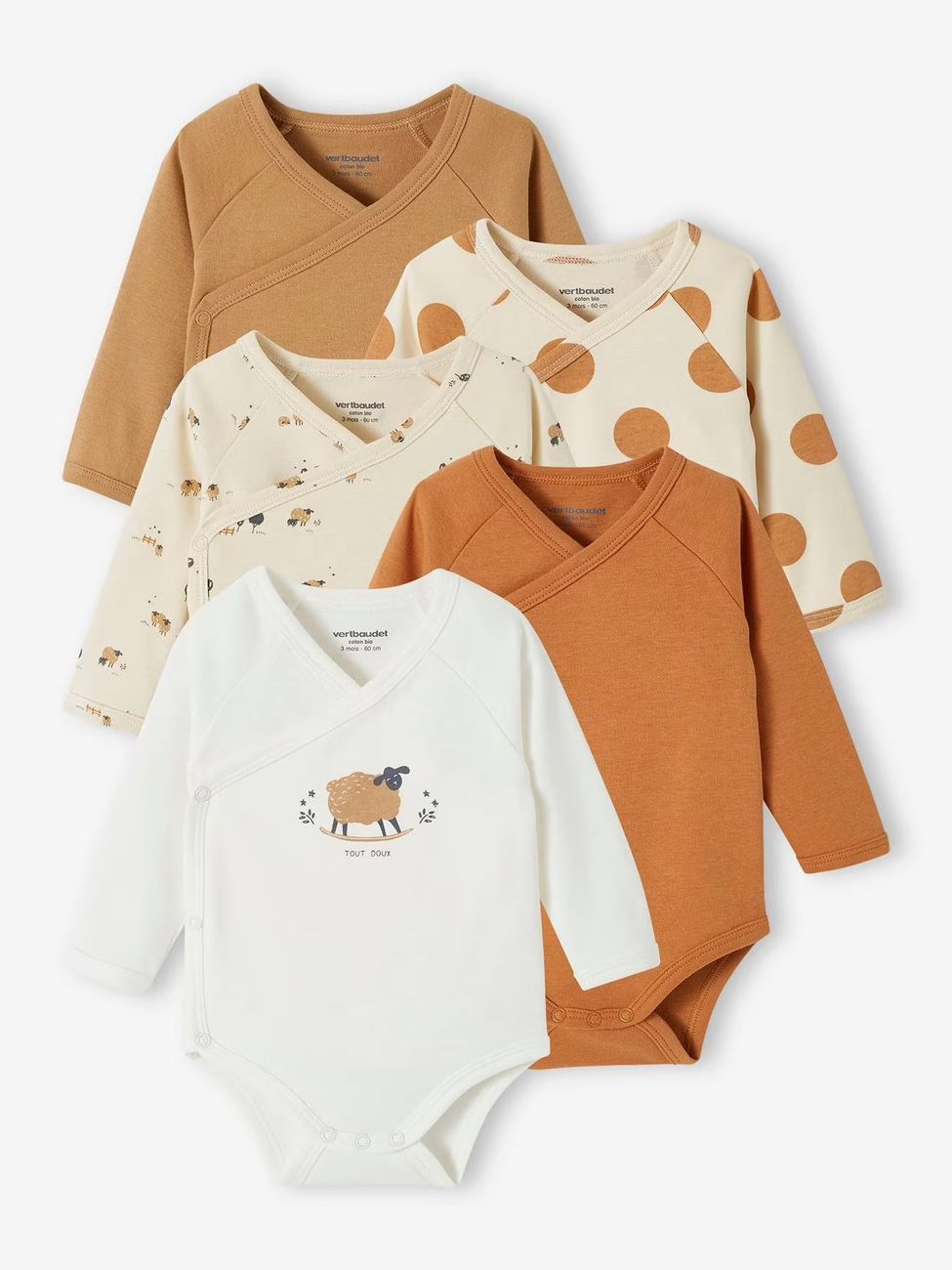 Lot de 5 bodies ouverture naissance bébé en coton biologique taupe (Vertbaudet) - Couverture