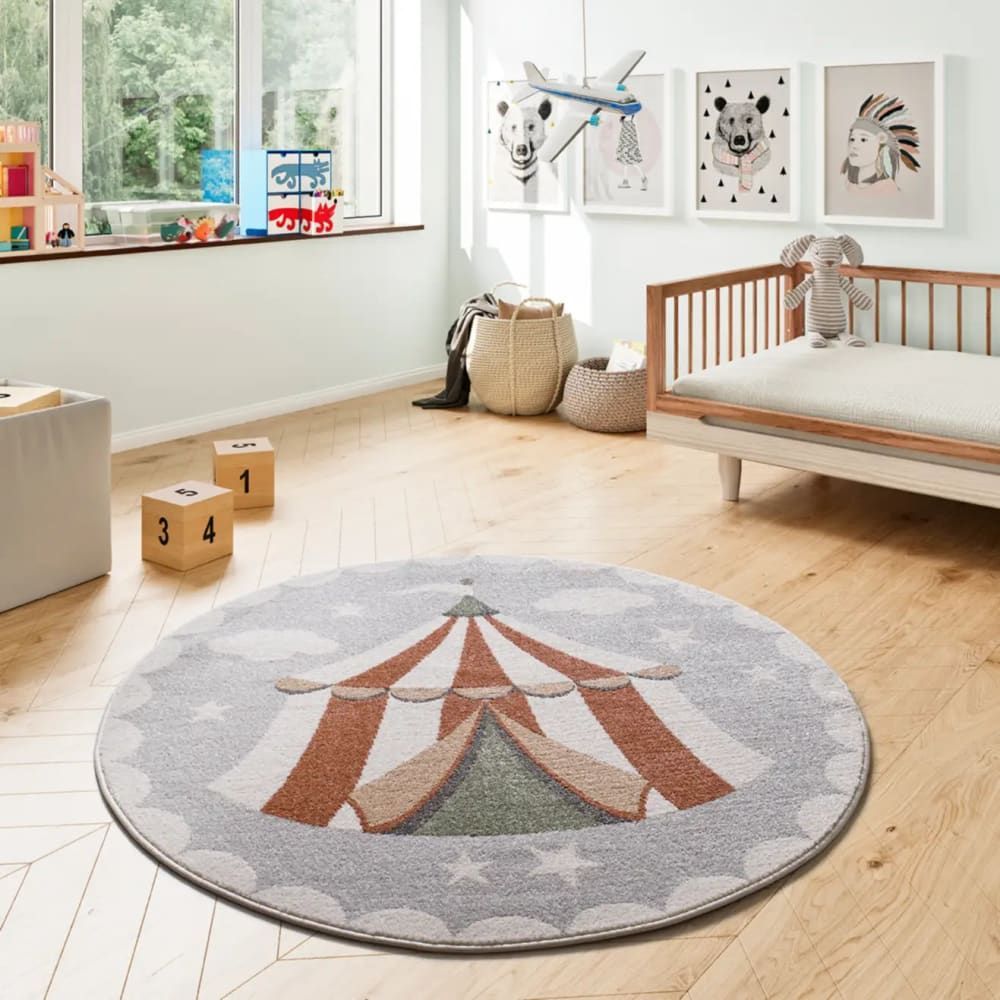 Tapis enfant rond cirque gris 120x120 cm (Atticgo) - Image 1