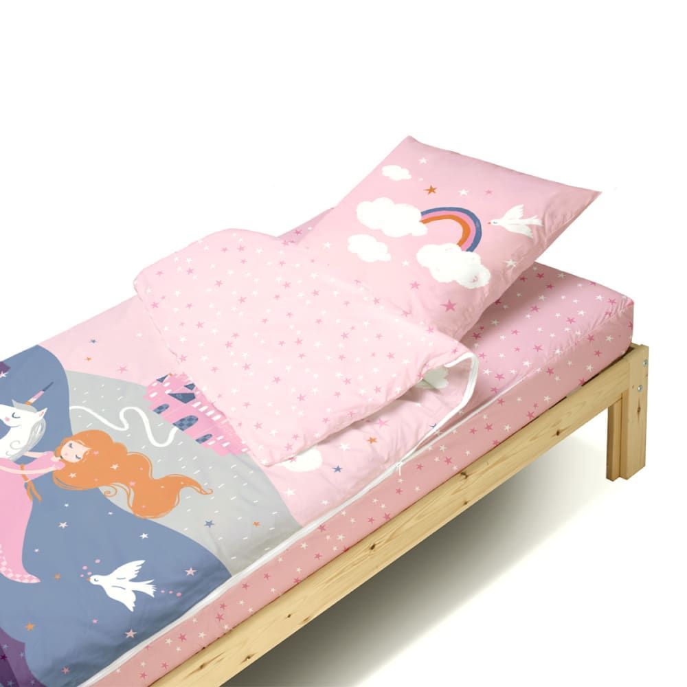 Parure de lit enfant caradou® avec couette motif licorne 90x190cm (Bleu Câlin) - Image 1
