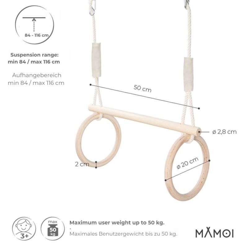 Trapèze et anneaux pour enfant réglable en bois et contreplaqué (Mamoi) - Image 2