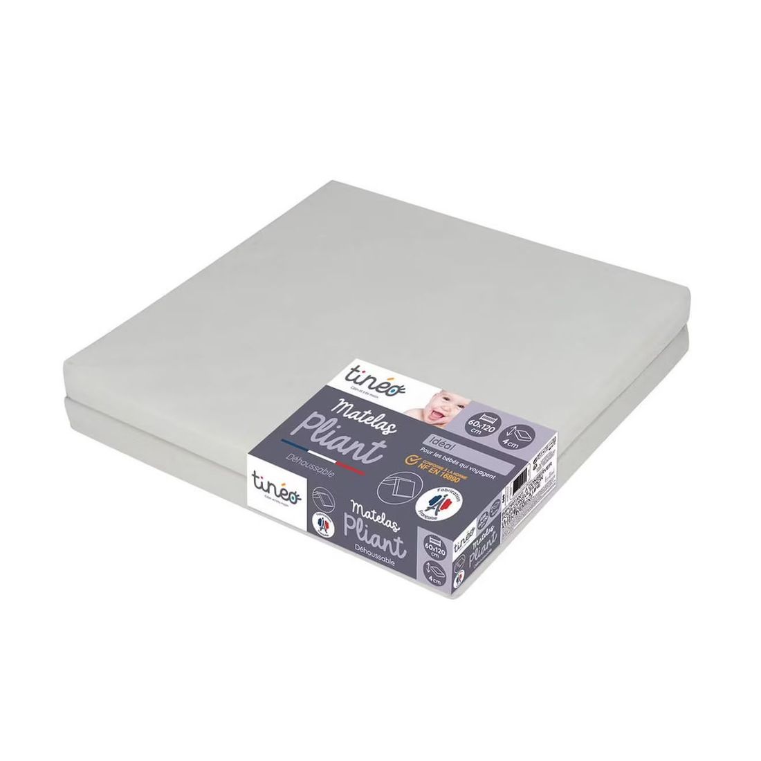 Matelas Bébé Pliant 2 Parties 60x120cm Gris Clair (Tinéo) - Image 1