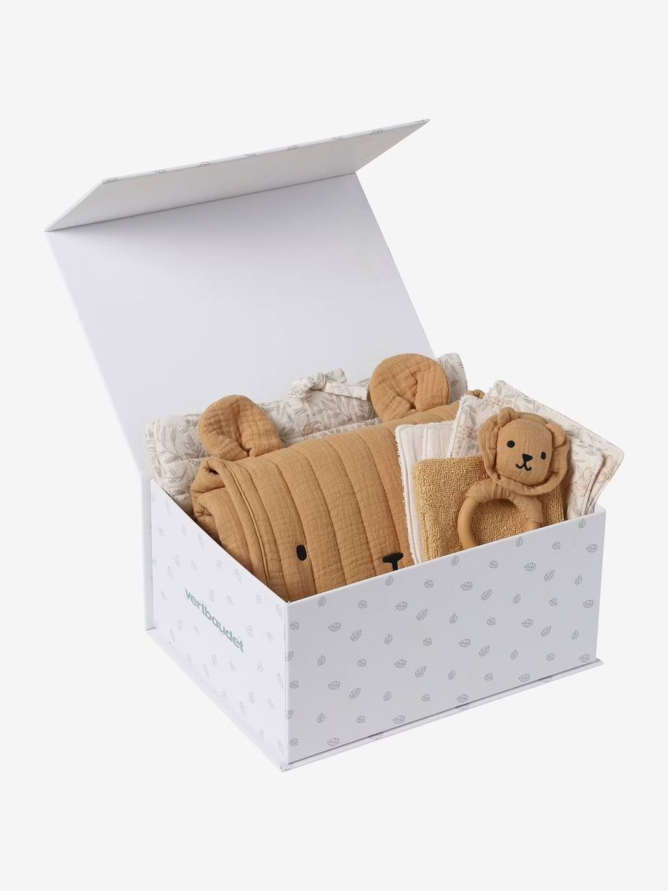 Coffret cadeau naissance 8 pièces : 1 hochet, 1 tapis à langer nomade, 5 lingettes, 1 pochette babylone (Vertbaudet) - Image 1