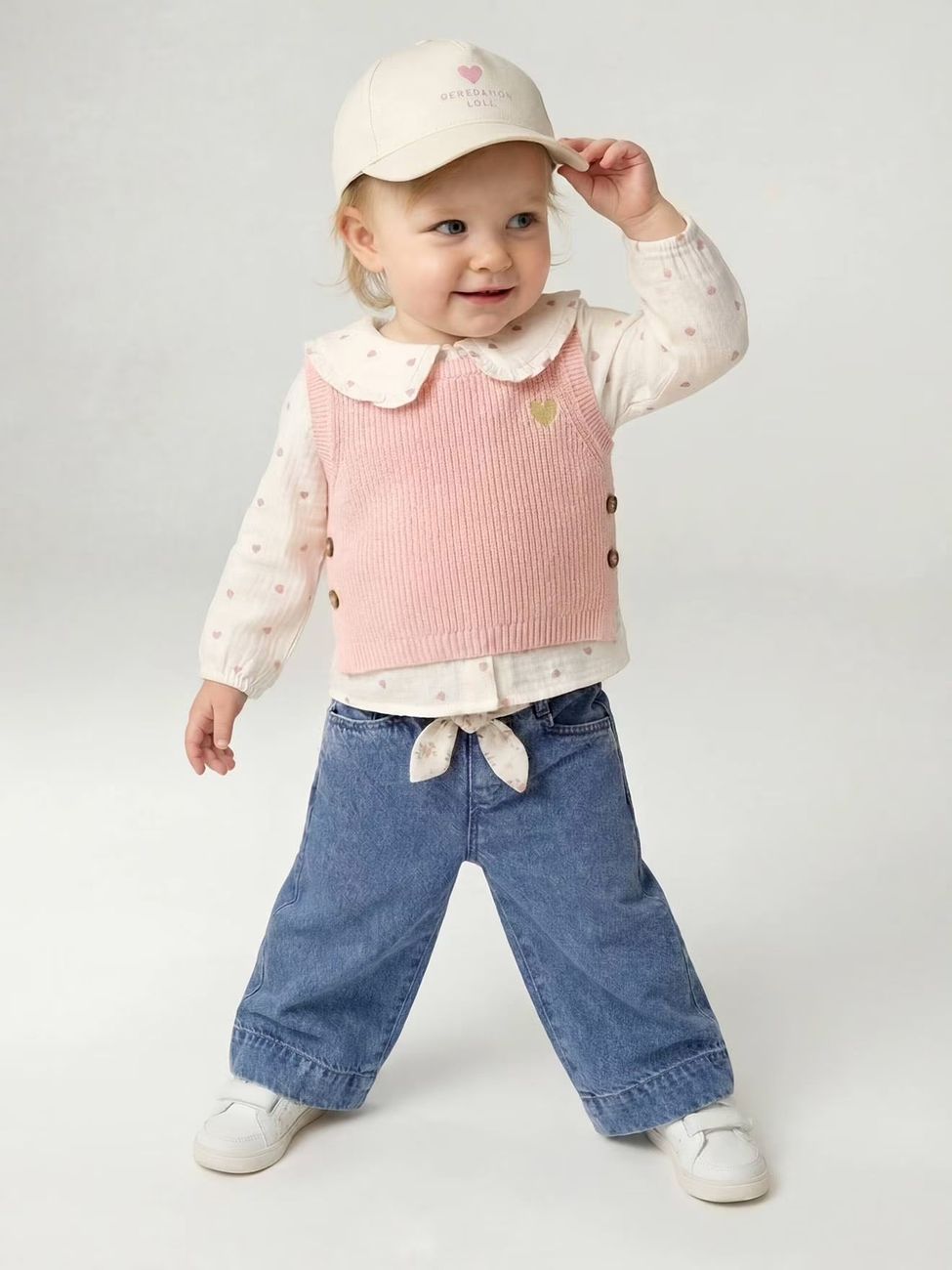 Pantalon large bébé fille denim léger ceinture imprimée double stone (Vertbaudet) - Image 2