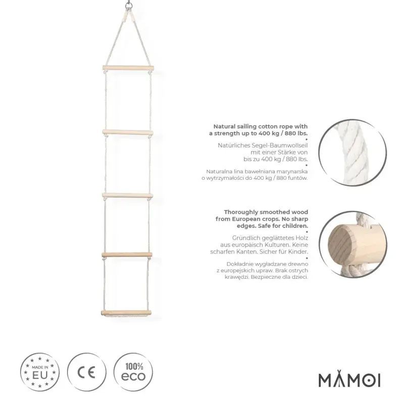 Échelle d’escalade en bois & corde de coton 5 échelons pour enfant (Mamoi) - Image 2