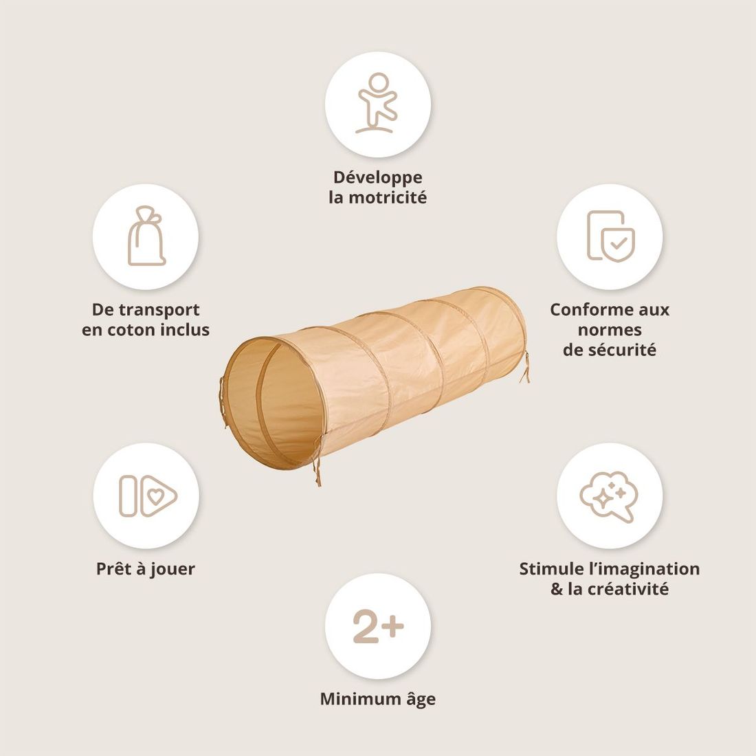 Petite Amélie | Tunnel de jeu Miel | Tunnel de motricité pour bébé | Brun | Pliable | Avec sac de transport inclus pour rangement facile (Petite Amélie) - Image 2