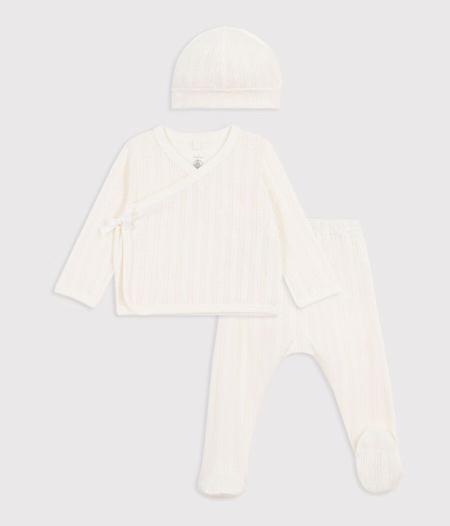 Ensemble long 3 pièces bébé en coton ajouré et son bonnet (Petit Bateau) - Image 3