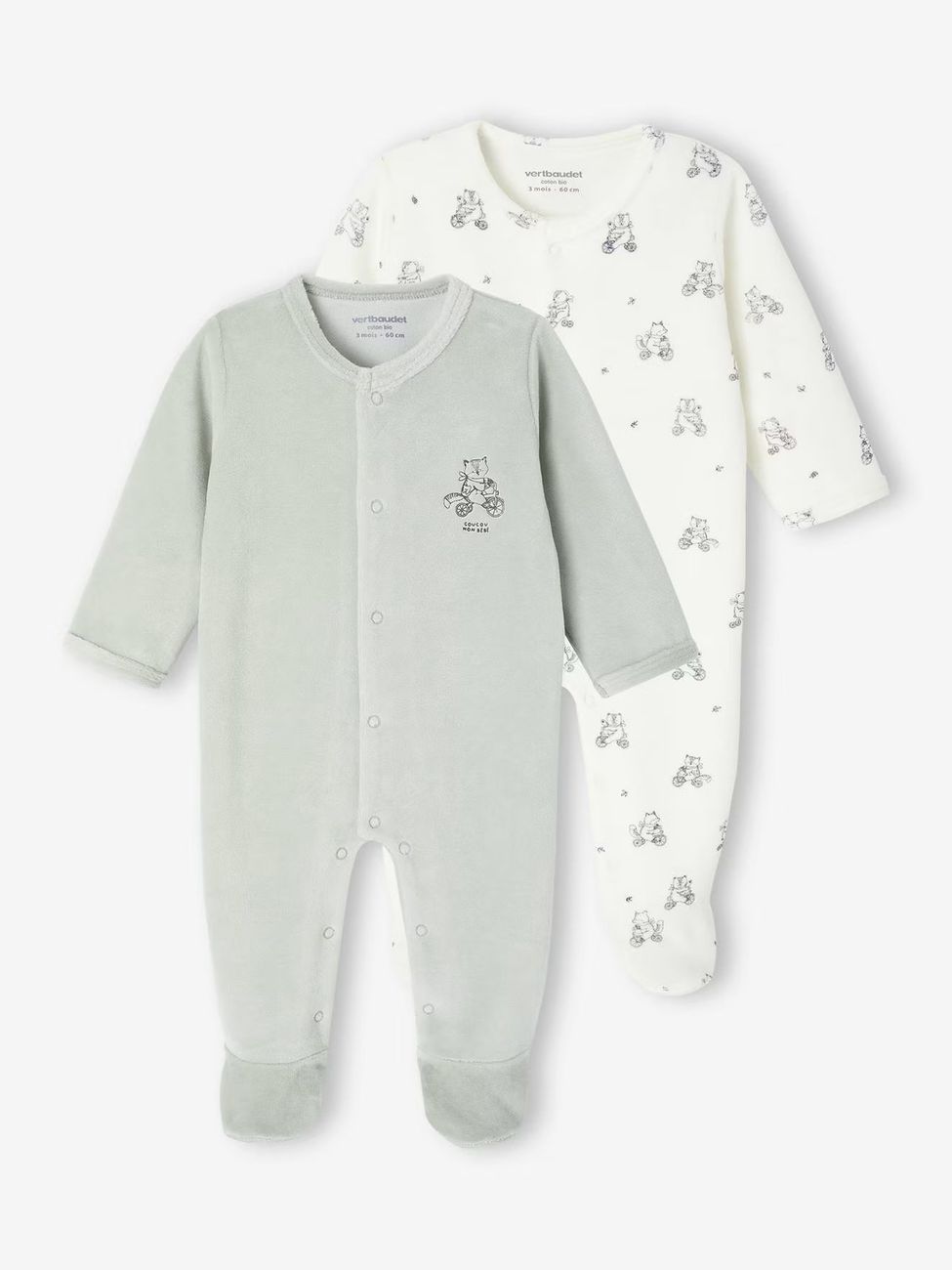 Lot de 2 pyjamas bébé naissance en velours vert d'eau (Vertbaudet) - Couverture