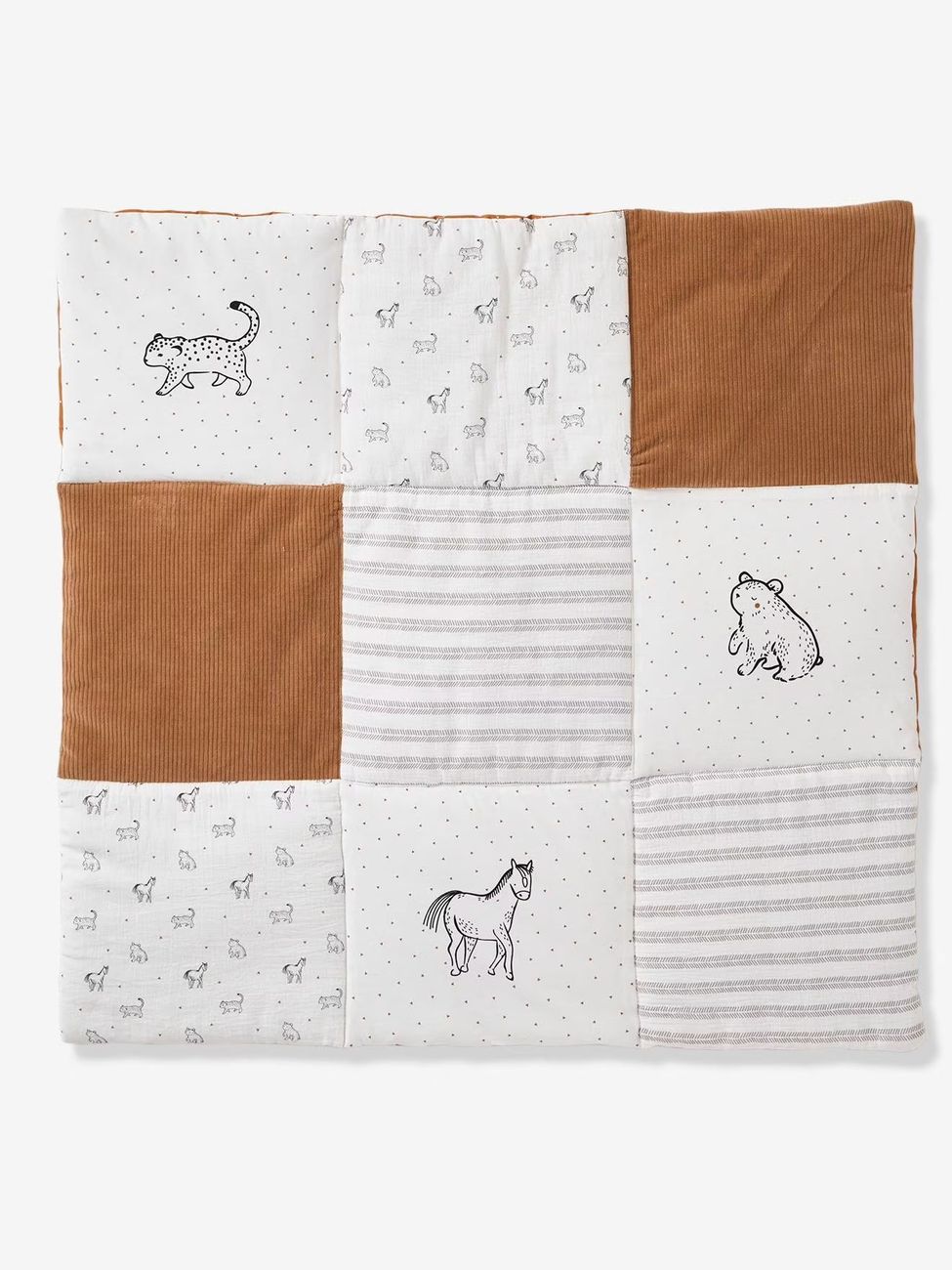Tapis de sol / Fond de parc patchwork coton et velours PETIT NOMADE écru / camel (Vertbaudet) - Image 1
