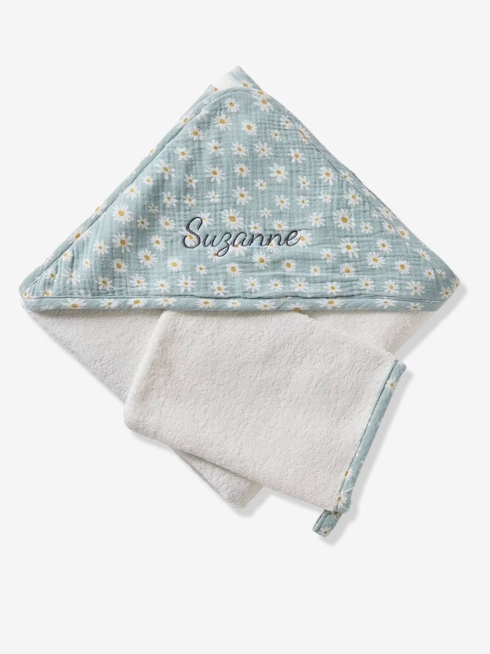Cape de bain personnalisable et gant de toilette MARGUERITE bleu imprimé (Vertbaudet) - Image 2