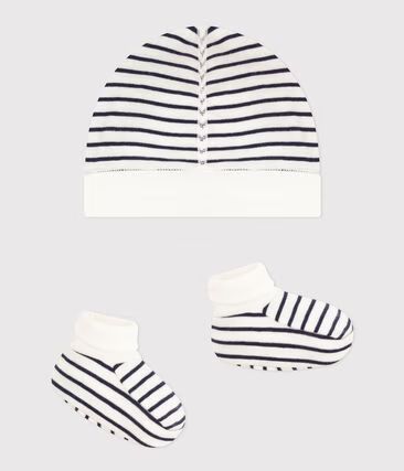Lot de bonnet et chausson bébé mixte en coton à rayures (Petit Bateau) - Image 1