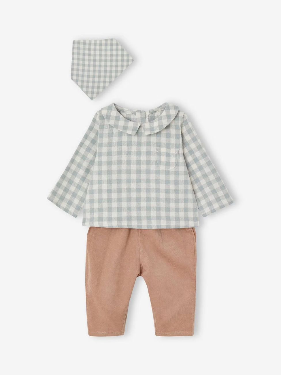 Ensemble bébé chemise body + pantalon velours + bandana vert sauge (Vertbaudet) - Couverture