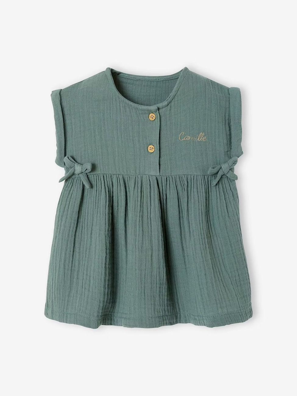 Robe bébé en gaze de coton vert (Vertbaudet) - Couverture