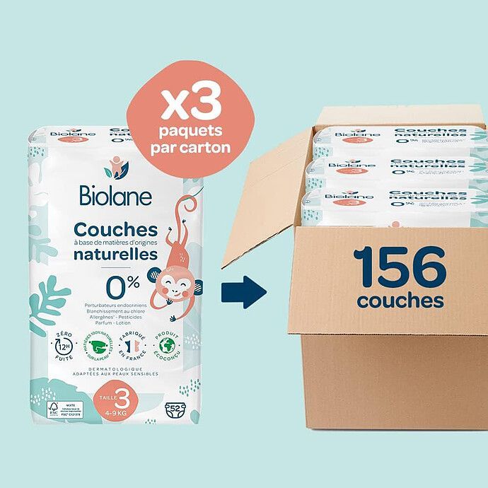 Pack 1 Mois de 156 Couches Ecologiques - T3 (Biolane) - Image 1