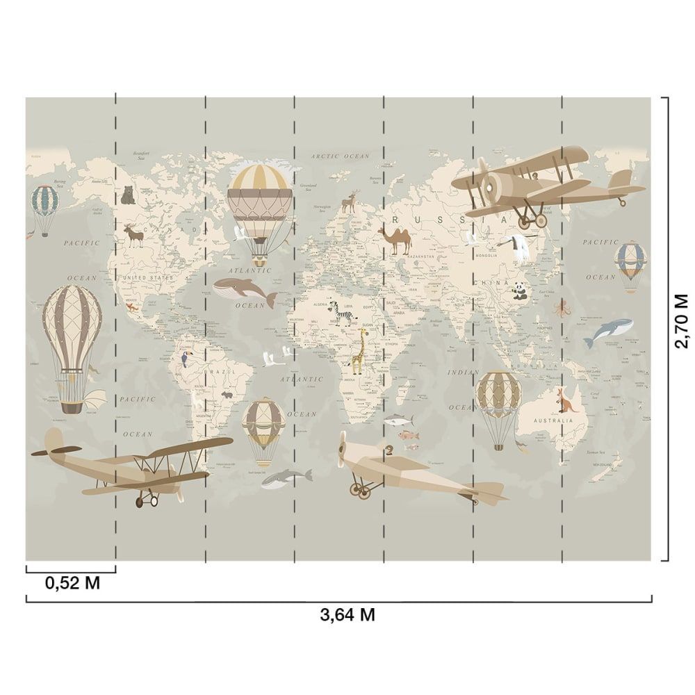 Papier peint enfant carte du monde et montgolfieres 364x270 cm (Hexoa) - Image 1