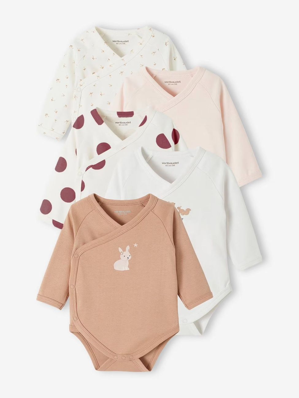 Lot de 5 bodies manches longues bébé ouverture naissance rose poudré (Vertbaudet) - Image 1