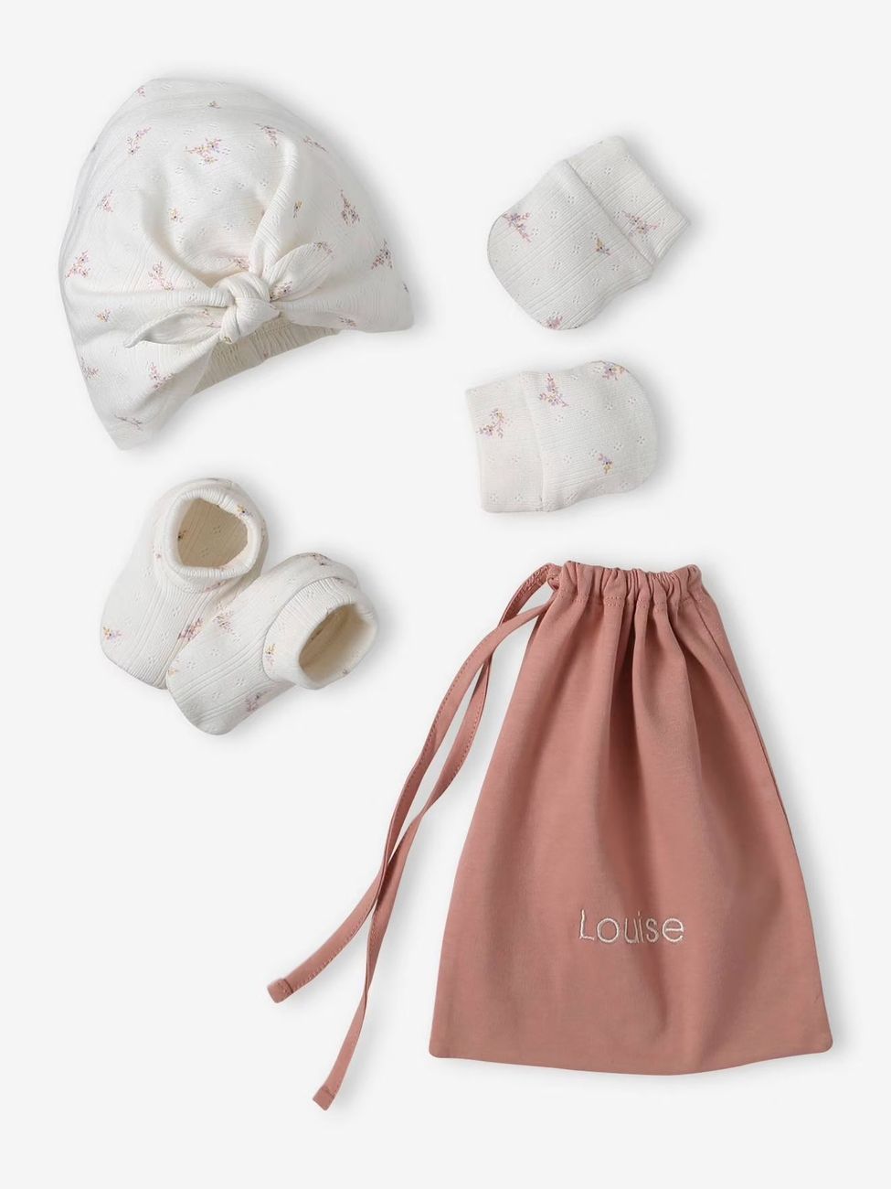 Ensemble naissance fille bonnet + moufles + chaussons + pochon personnalisable rose (Vertbaudet) - Couverture