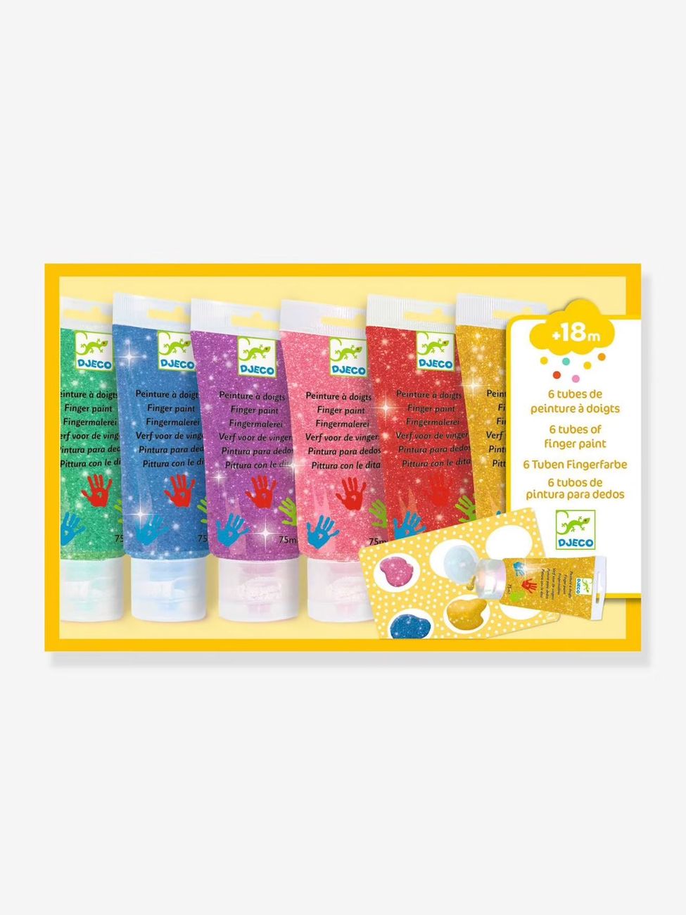 6 Tubes de Peinture à doigts paillettes - jaune (Djeco) - Couverture