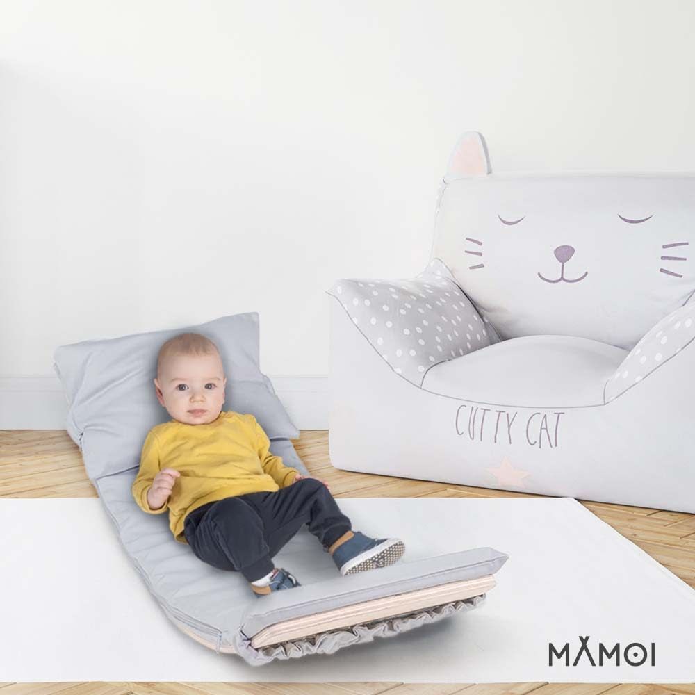 Planche d'équilibre pour enfant en contreplaqué et matelas gris clair (Mamoi) - Image 1