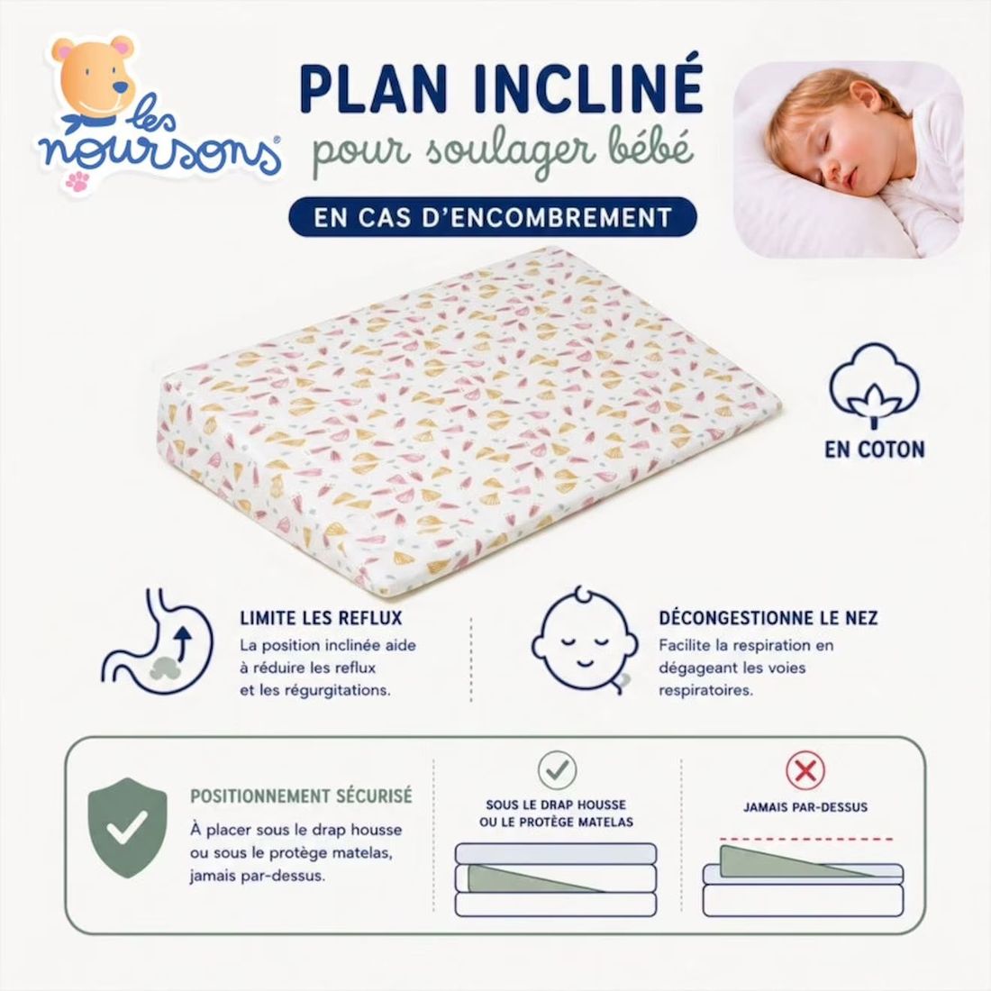 Pack Matelas Bébé 60x120 Cm + Plan Incliné Coton - Confort Souple Et Position Idéale Rose (Les Noursons) - Image 2