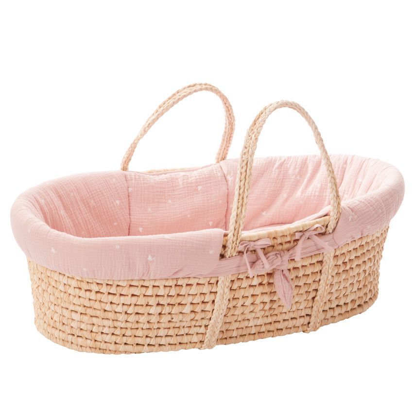 Couffin en osier avec habillage en tetra brodé rose - Rose (Combelle) - Image 1