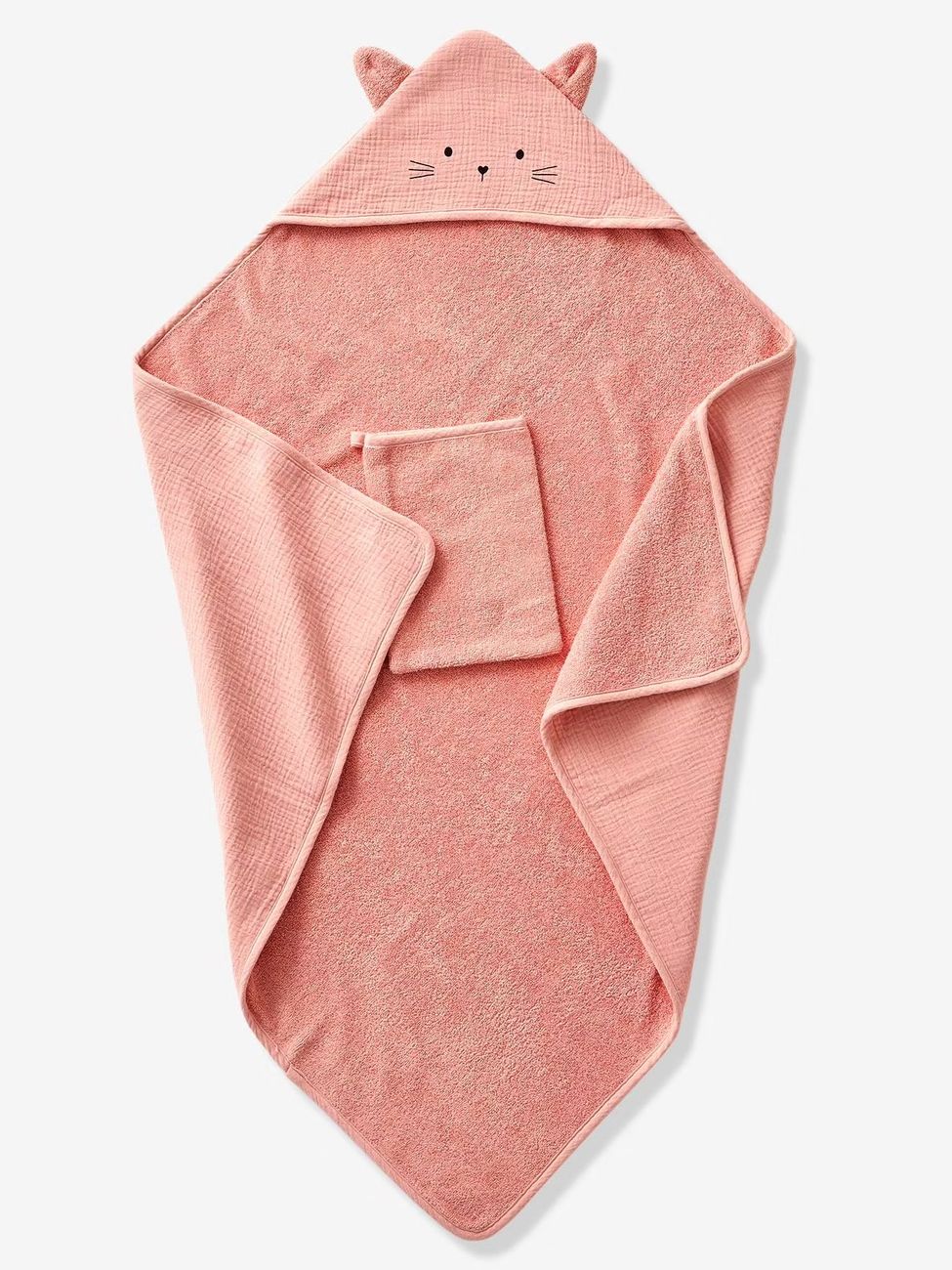 Cape de bain gaze de coton et gant de toilette BIO* rose (Vertbaudet) - Image 2