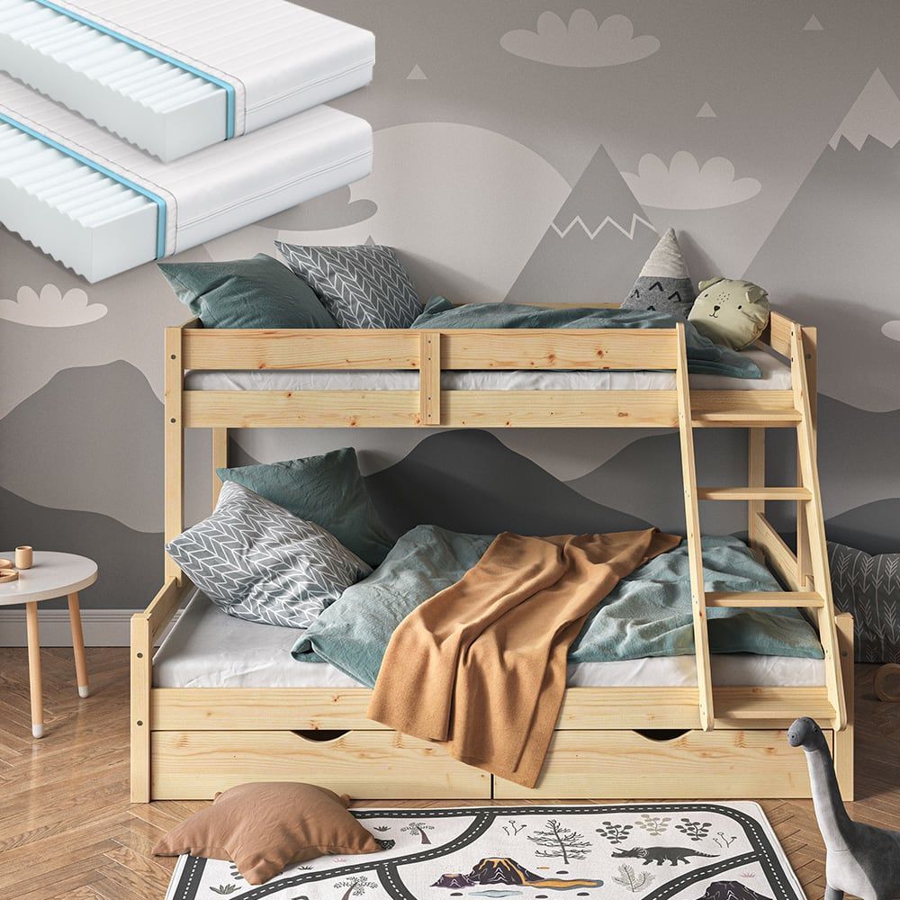 Lit superposé avec 2 matelas et 2 tiroirs, naturel bois 207.6 x 131cm (VitaliSpa®) - Image 1