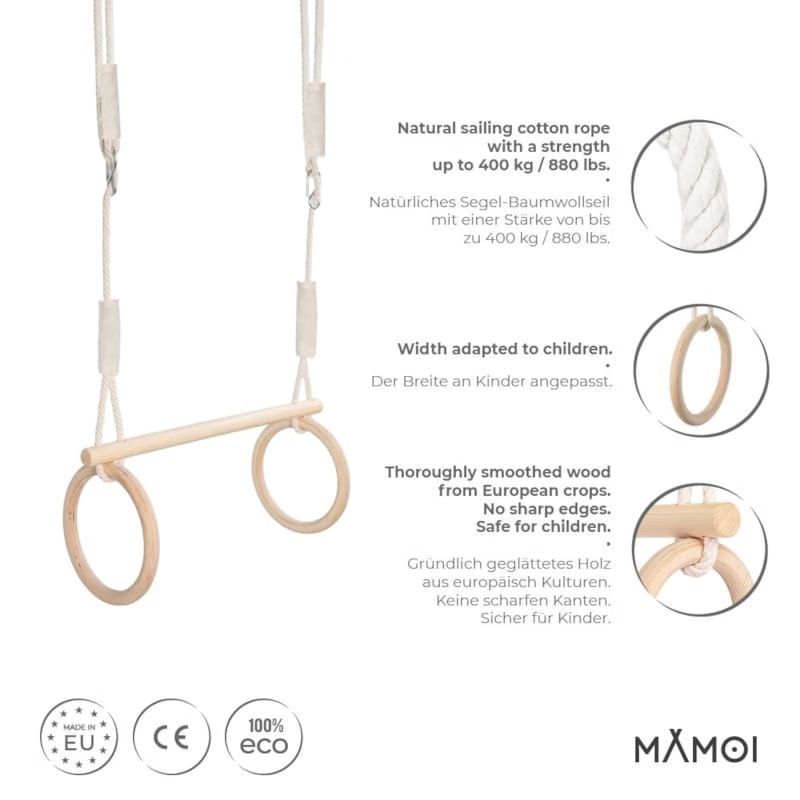 Trapèze et anneaux pour enfant réglable en bois et contreplaqué (Mamoi) - Image 3