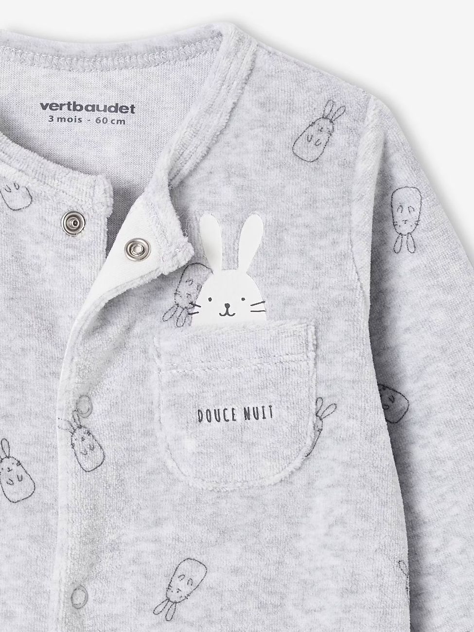 Pyjama bébé mixte en velours lapins gris chiné (Vertbaudet) - Image 2