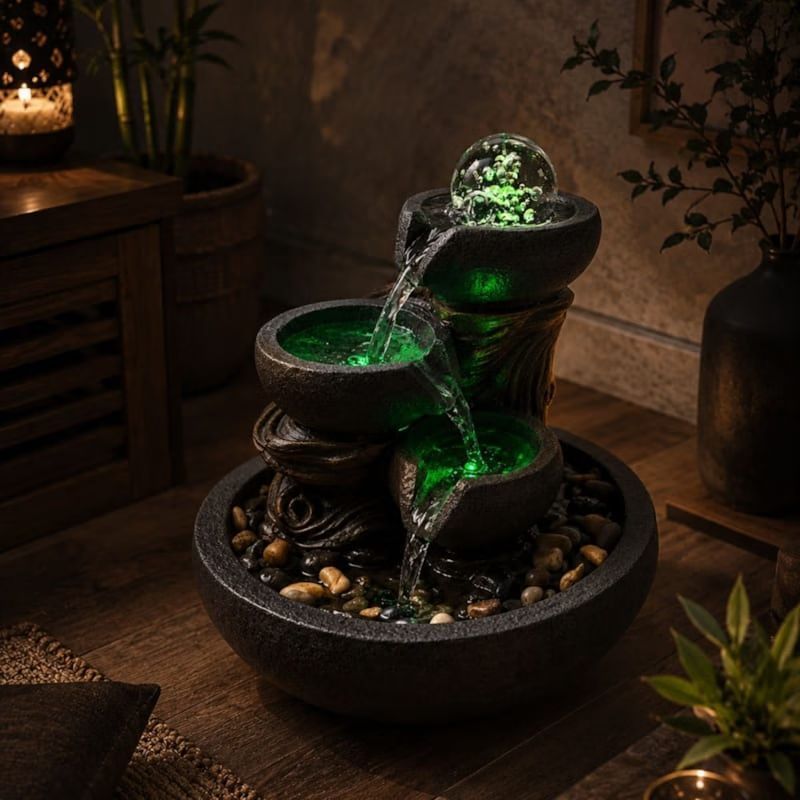 Fontaine d'intérieur nature yggra, cascade 3 niveaux et boule de verre led (Zen Light) - Image 2
