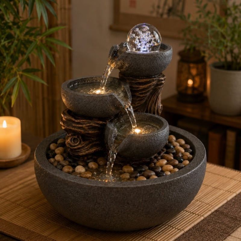 Fontaine d'intérieur nature yggra, cascade 3 niveaux et boule de verre led (Zen Light) - Image 1