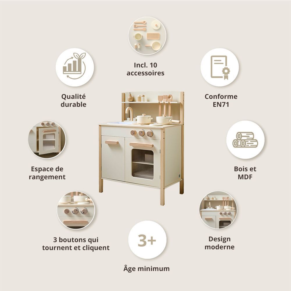 Petite Amélie | Cuisine en bois enfant Chantilly | Bois durable | Beige | 55x32x76 cm | Set de 10 accessoires inclus | Pour enfants 3 ans et plus (Petite Amélie) - Image 2