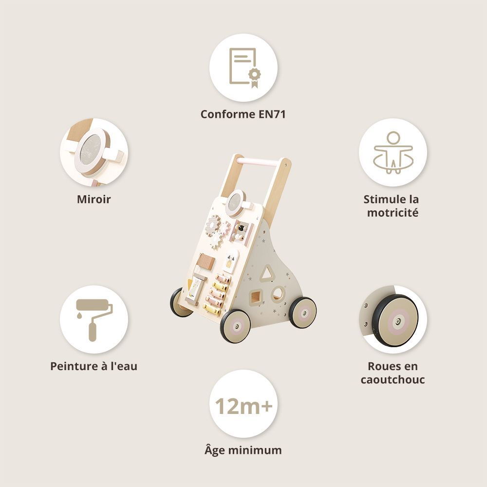 Petite Amélie | Chariot de marche en bois Lara | Trotteur bébé multi-activités | Montessori | Blanc et gris | Design solide et ludique (Petite Amélie) - Image 2