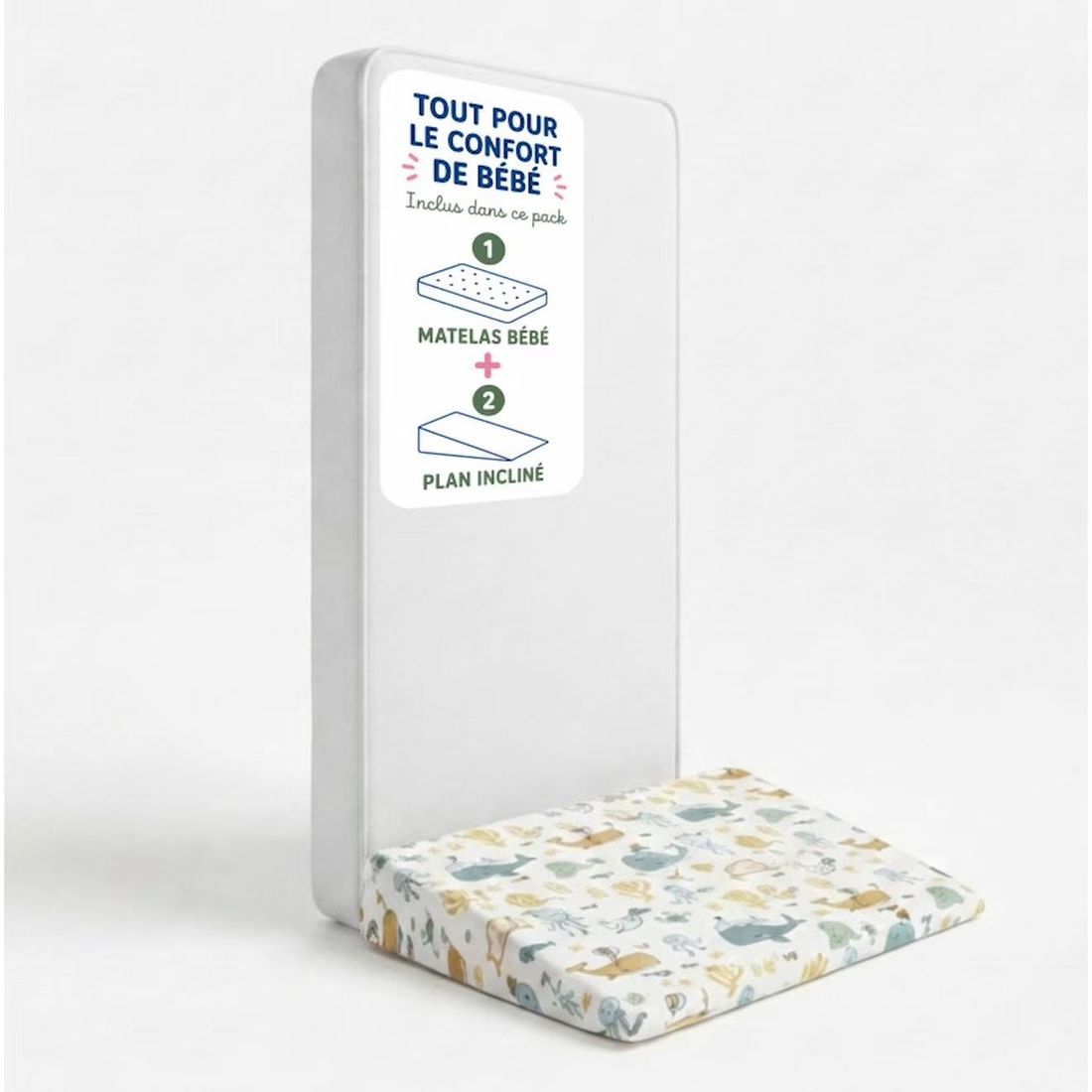 Pack Matelas Bébé 60x120 Cm + Plan Incliné Coton - Confort Souple Et Position Idéale Bleu (Les Noursons) - Couverture
