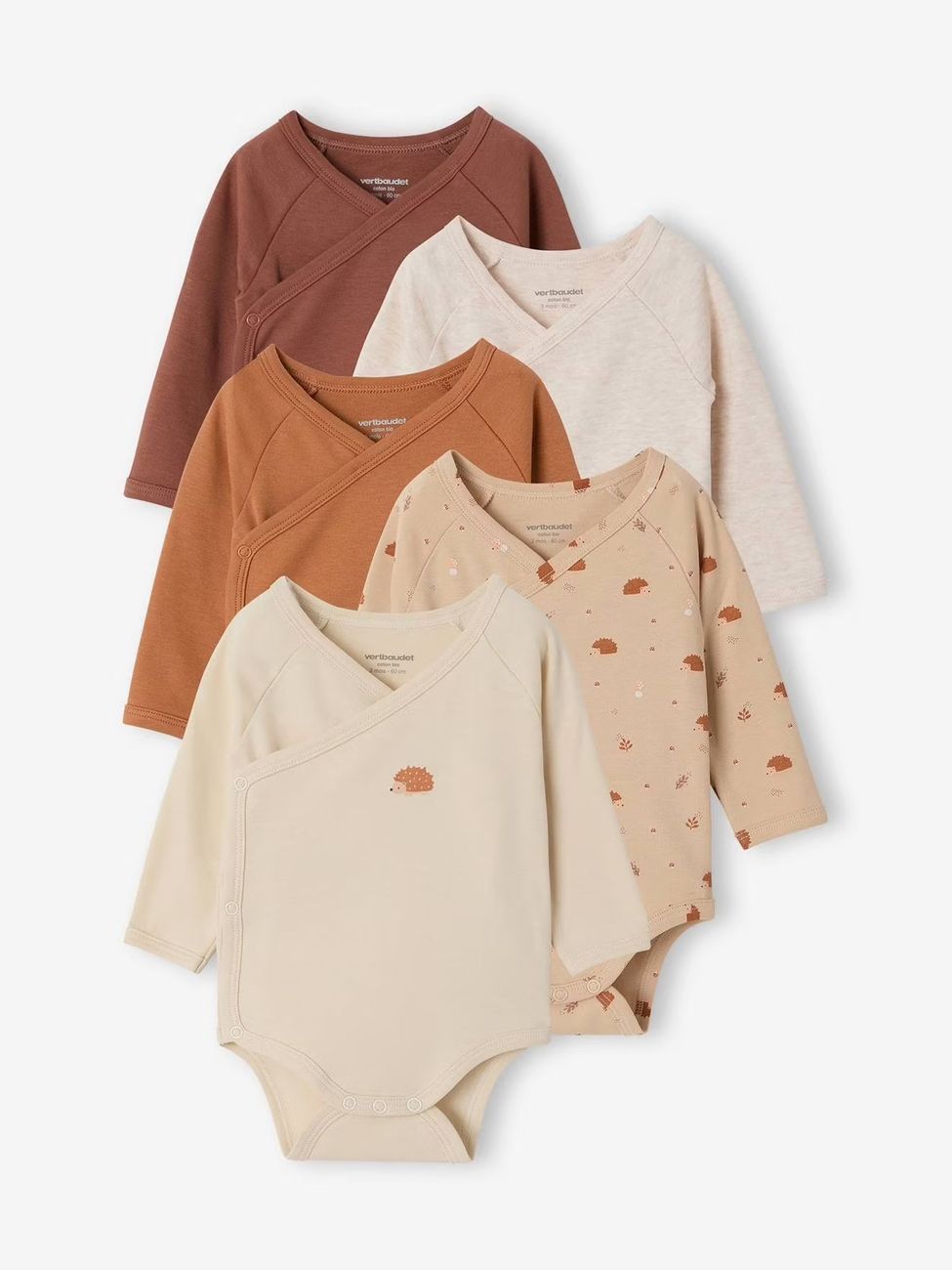 Lot de 5 bodies naissance manches longues beige chiné (Vertbaudet) - Couverture