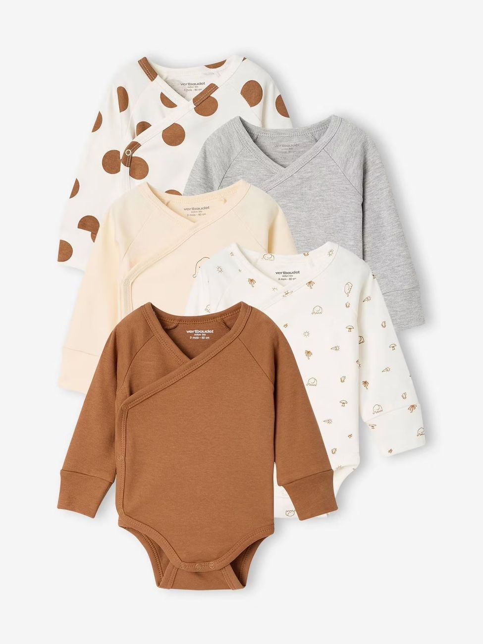 Lot de 5 bodies bébé garçon manches longues caramel (Vertbaudet) - Couverture