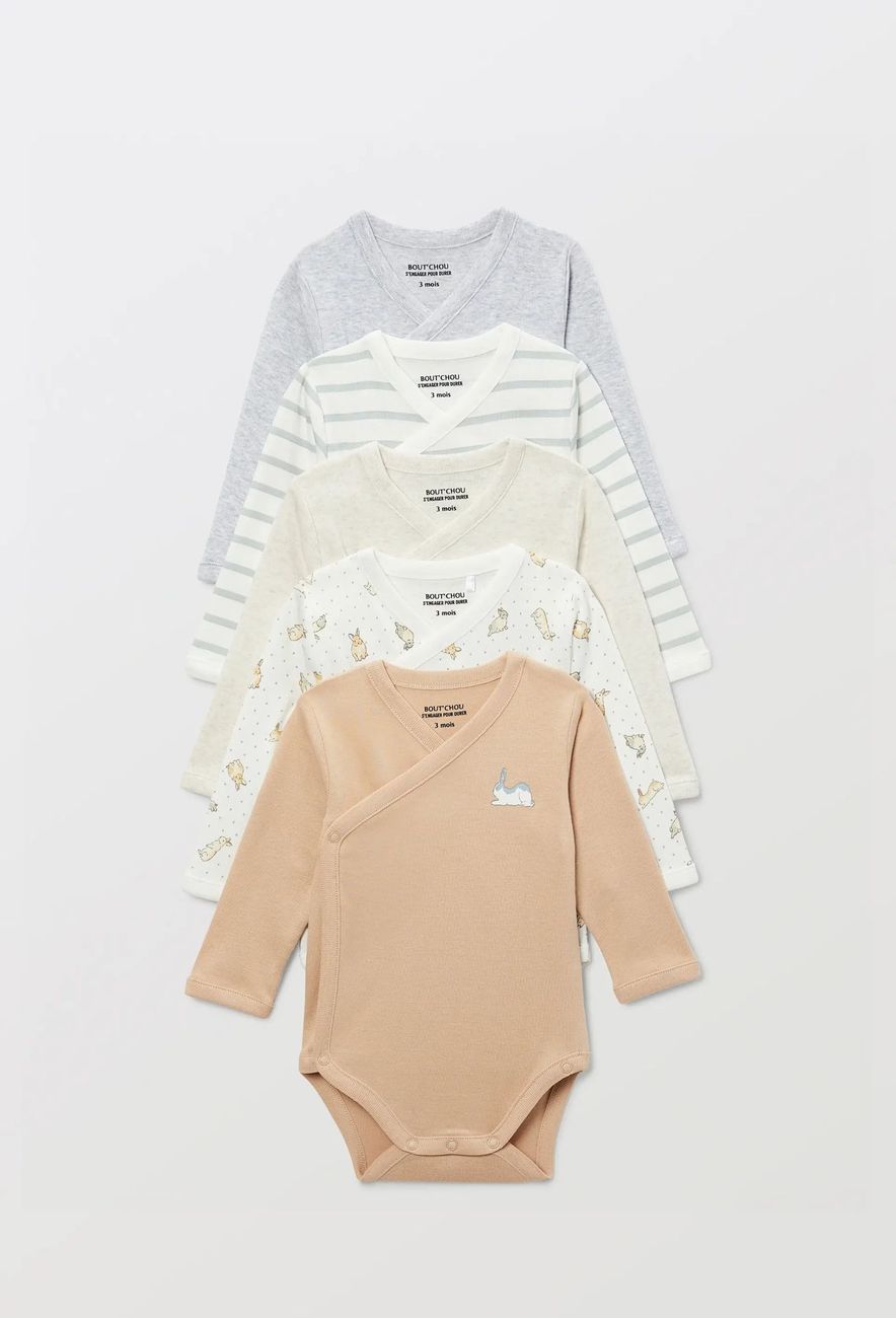 Lot de 5 bodies croisés manches longues imprimé en coton BIO GOTS (Bout'Chou) - Couverture