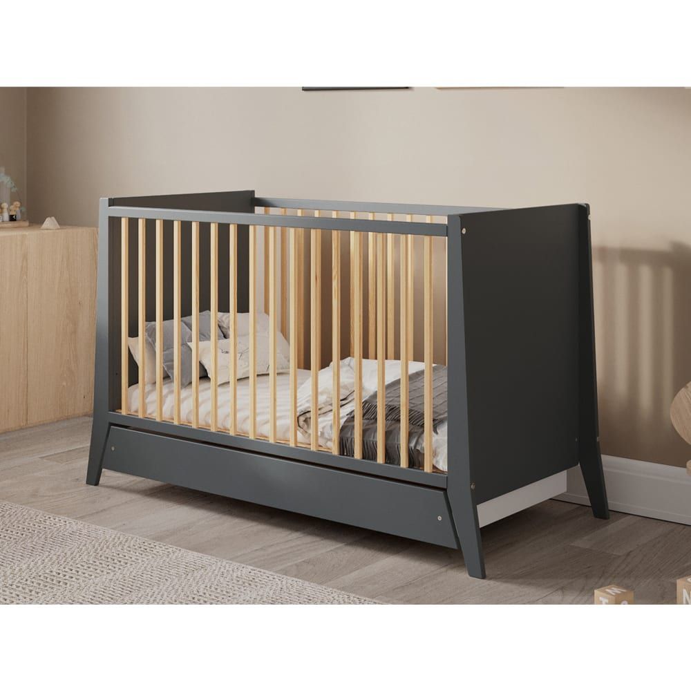 Lit bébé évolutif en bois avec tiroir - anthracite - 120x60 cm (Premiers Moments) - Image 2