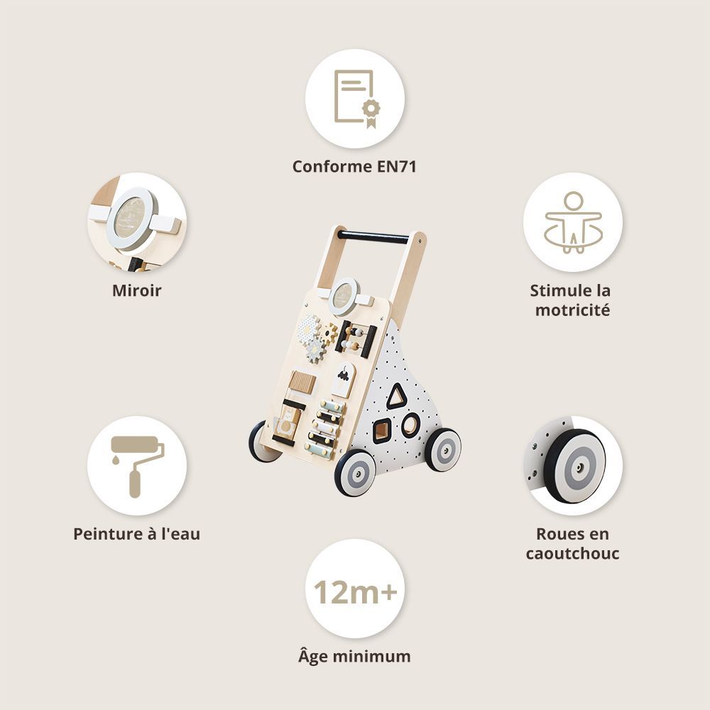 Petite Amélie | Chariot de marche bébé multi-activités | Trotteur en bois | Blanc, gris et noir | Apprentissage de la marche et motricité fine (Petite Amélie) - Image 1
