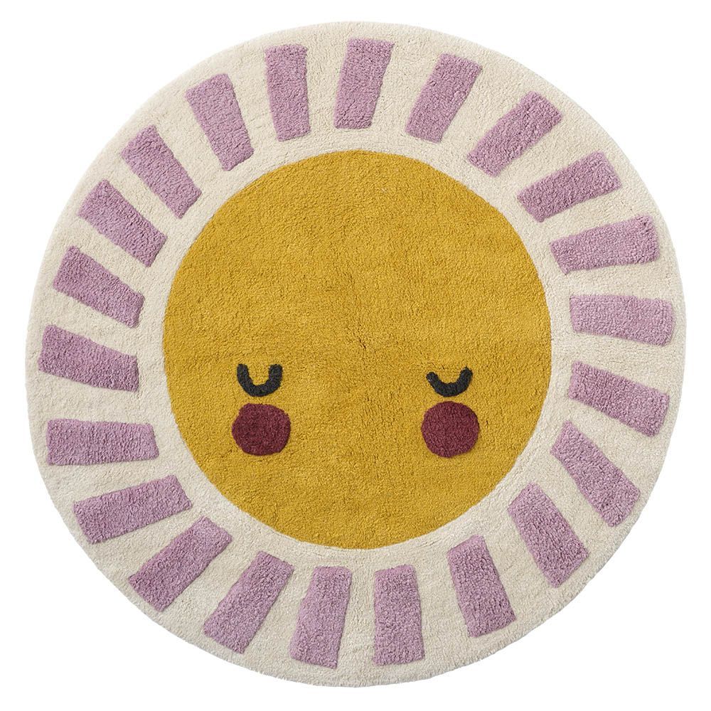 Petite Amélie Tapis rond enfant | Lavable en coton | Design soleil | Jaune pastel et lilas | Ø110 cm (Petite Amélie) - Image 1