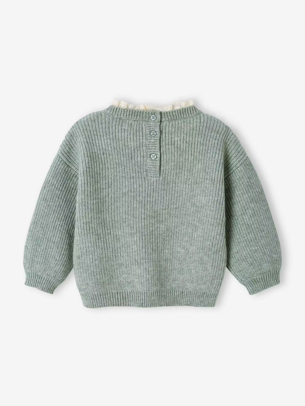 Pull bébé fille en côte perlée col en broderie anglaise vert sauge (Vertbaudet) - Image 1