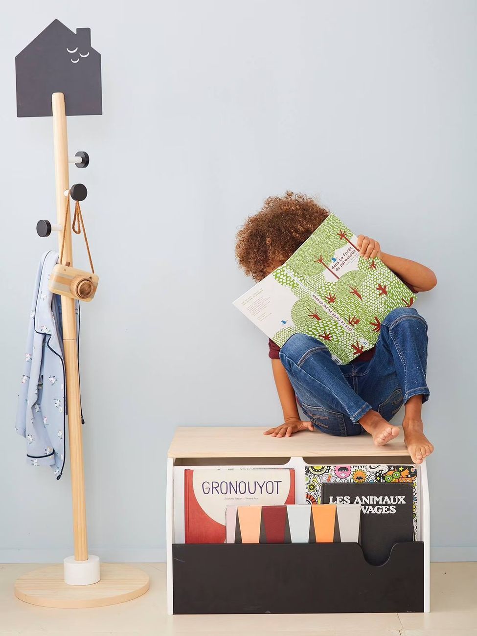Coffre à livres et jouets SCHOOL blanc - bois - ardoise (Vertbaudet) - Couverture