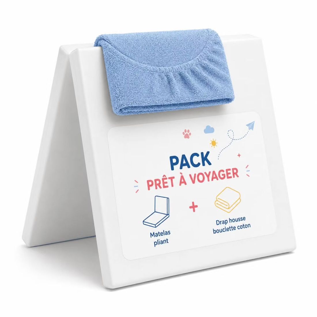 Pack Matelas Pliant 60x120 + Drap Housse Éponge Bleu - Idéal Voyage - Déhoussable Et Sain Bleu (Les Noursons) - Couverture
