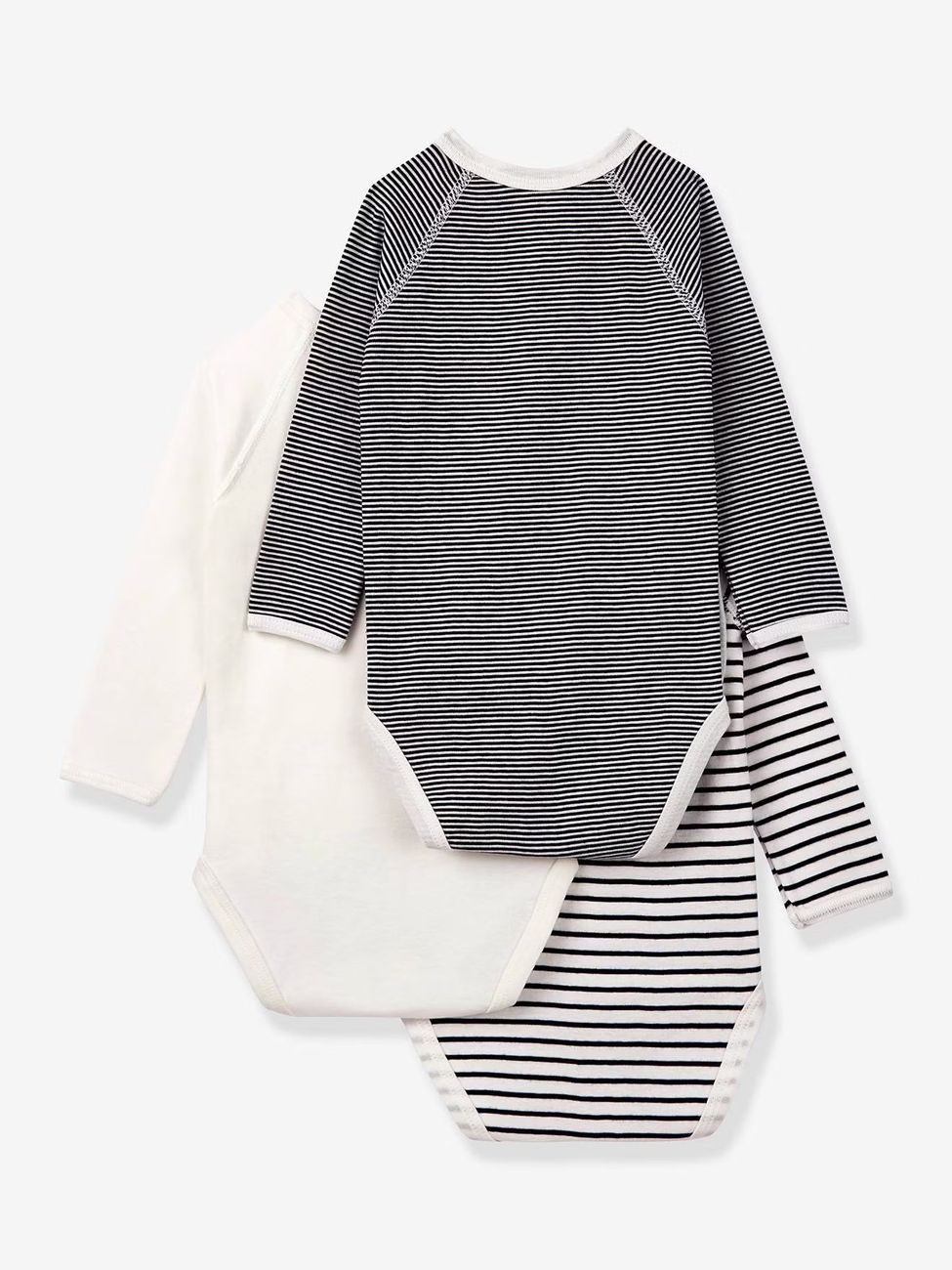 Lot de 3 bodies croisés manches longues rayés bébé naissance en coton bio marine (Petit Bateau) - Image 1