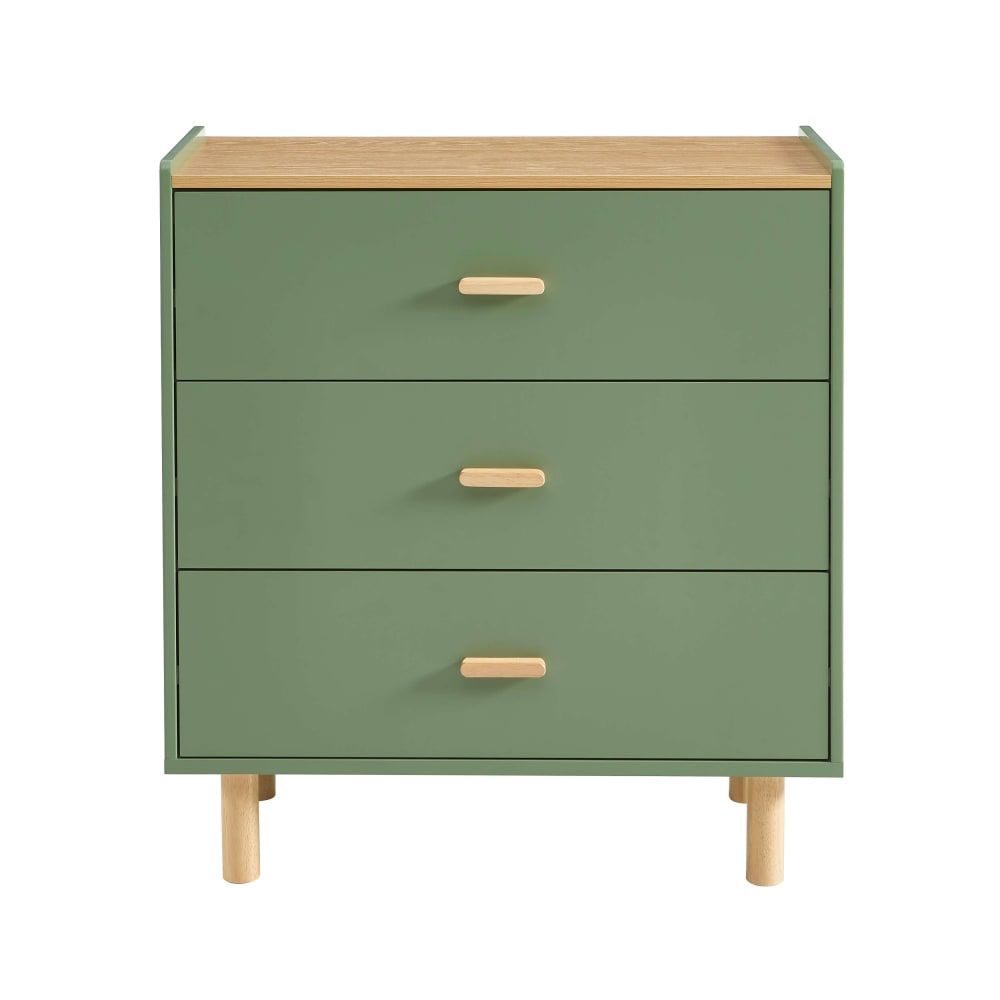 Commode enfant 3 tiroirs vert et effet bois et chêne 80 cm (Baita) - Image 1
